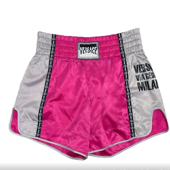 VERSACE Pink and Silver Unisex Boxing Shorts NWT shiny leg slit cute rare logo